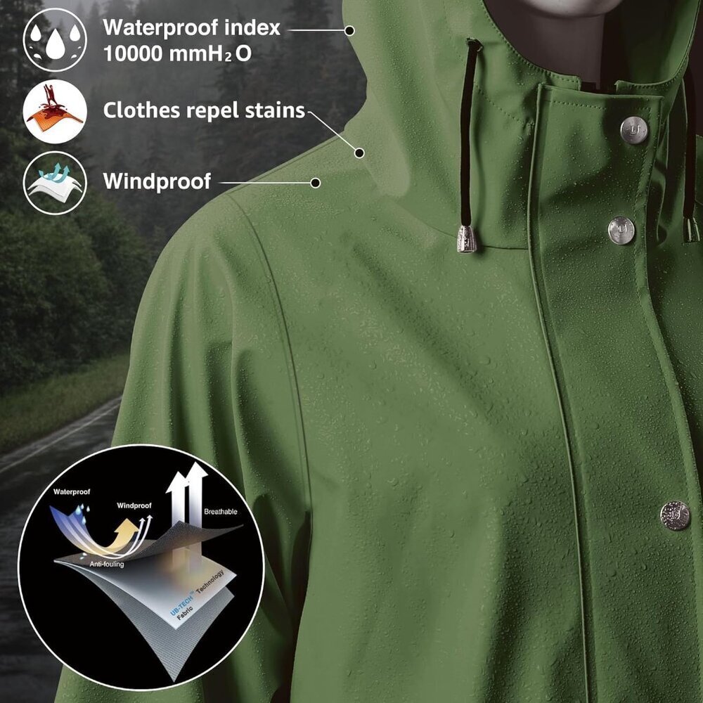 Women Green Fleece Long Hooded Waterproof Rain Windbreaker Trench Coat Outdoor - Picture 4 of 6